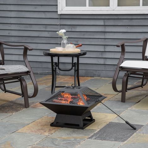 Brasero Exterior de Acero Pozo de Fuego para Jardín Multifuncional con Protector de Chispas y Atizador 45x45x34cm Negro (1/5)