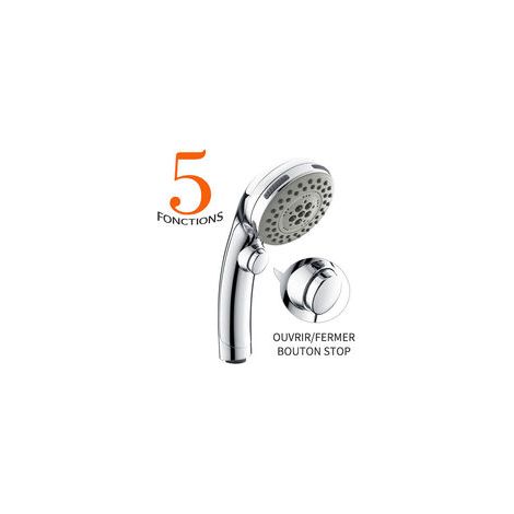 EASYCOMFORT Pommeau de Douche Chromé avec Bouton Stop Douchette à Main 5 Jets au Choix Pomme de Douche Picots Anticalaire (1/5)