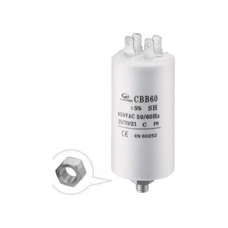 Condensateur permanent 30uF 450Vac – Pour moteur monophasé – Connexion par bornes faston – Fixation tige filetée M8