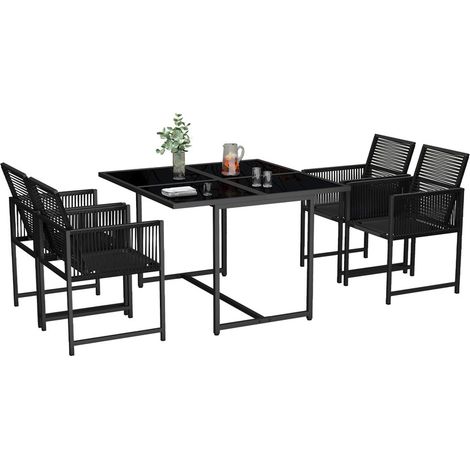 Rattantree - Ensemble table et chaises de jardin 5 pcs - 4 personnes - Table en Verre Trempé 107x107 cm - Résine tressée noire - Dossier rabattable - Résistant aux intempéries - Mobilier d'extérieur (1/5)