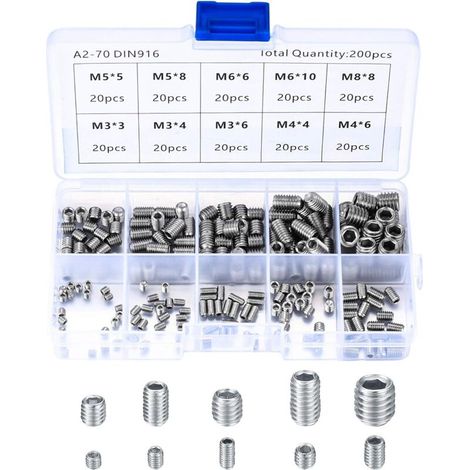 200 Pièces Vis Sans Tête en Acier Inox, M3 M4 M5 M6 M8 Vis à Métaux, Assortiment Kit de Fixations Vis Pointeau-DOU