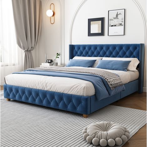 Cama doble tapizada terciopelo azul con cabecero OKMYHOME (1/5)