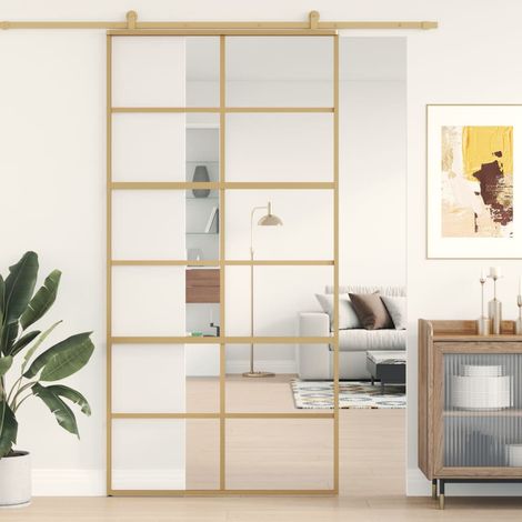 Porte coulissante-Porte intérieure doré 102,5x205cm verre ESG clair et aluminium 807449 (1/5)