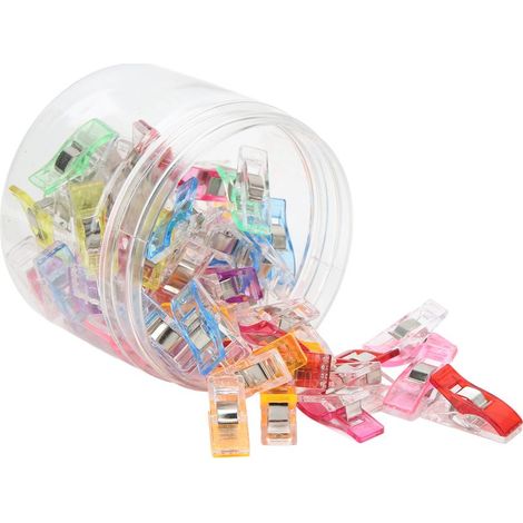 Set mit 50 axtförmigen Quiltclips in verschiedenen leuchtenden, transparenten Farben, Stoffclips aus Kunststoff für Bastel- und Näharbeiten. (1/5)