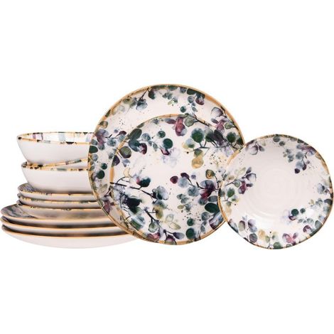 Service d'assiettes Garden 12 pièces – Faïence décorée – 4 assiettes plates 27,5 cm, 4 assiettes creuses 19 cm, 4 assiettes à dessert 22,5 cm – Table Passion