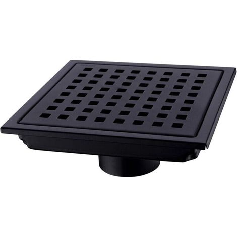 Siphon de douche carré 15x15 cm – Acier inoxydable plaqué noir – Grille amovible – Sortie inférieure 5,1 cm pour haut débit