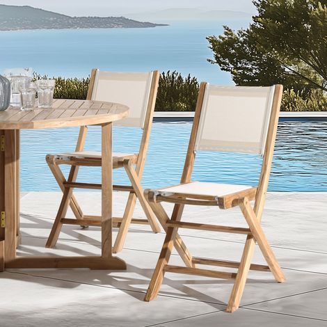 FUN - Ensemble de 2 chaises pliantes bois teck / textilène beige (1/5)