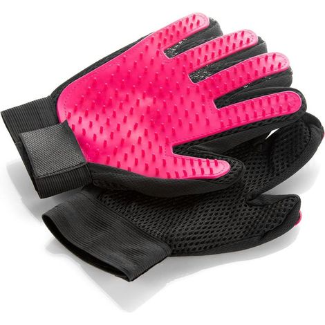 Gants de toilettage pour chiens et chats, conçus pour éliminer les poils et offrant un massage doux pour un nettoyage agréable et confortable. Disponibles en bleu et rose. (1/4)