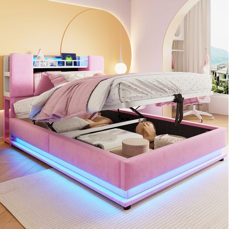 Lit enfant 220x90x107 cm, éclairage LED, port USB, rangement hydraulique, structure métal, velours rose (1/5)