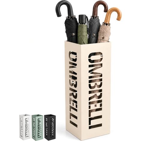 Portaombrelli in metallo sagomato con scritta "Ombrelli", cesta rettangolare resistente per ombrelli - Misura 16x16x49 cm - Colore Beige (1/5)