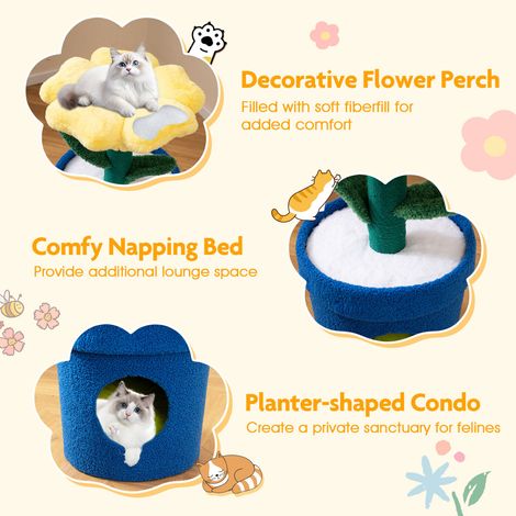 Design fleur, arbre à chat avec niche et griffoirs, couchage confortable pour chats d'intérieur, jaune (1/5)