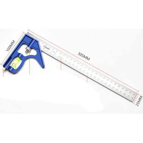 Regla angular combinada, escuadra combinada de acero inoxidable de 300 mm, escuadra combinada con nivel de burbuja y práctico tensor de línea, ideal para medir y marcar. (1/5)