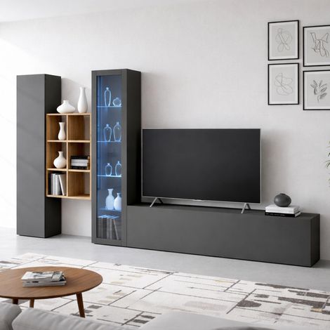 Système mural Eugenio, meuble TV 3 portes, Meuble de salon polyvalent avec vitrine et lumière LED, 320x30h180 cm, Anthracite (1/5)
