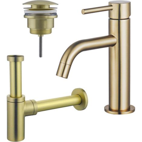 Fortifura Calvi Slim Kit mitigeur lavabo - robinet bas - bonde clic clac - siphon design - PVD Laiton brossé