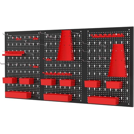COSTWAY Pegboard Wall Organizer 9-Bin Parts Rack Organizer w/Hammer Racks-Red (1/5)