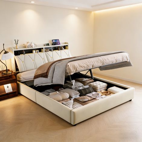 CJHXE Letto imbottito, 160 x 200 cm, letto a cassettone idraulico con illuminazione a LED, letto con porte USB e Type-C (1/5)