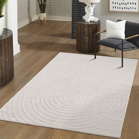 Tapis salon/salle à manger à poils courts, bohème scandinave géométrique, arche, uni 120 cm x 160 cm x 14 mm, Crème, Rectangulaire (1/5)