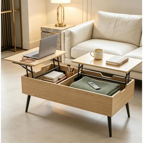 Mesa de centro elevable con almacenamiento, 100 x 50 x 58 cm, efecto madera natural negro HAVRYA (1/5)