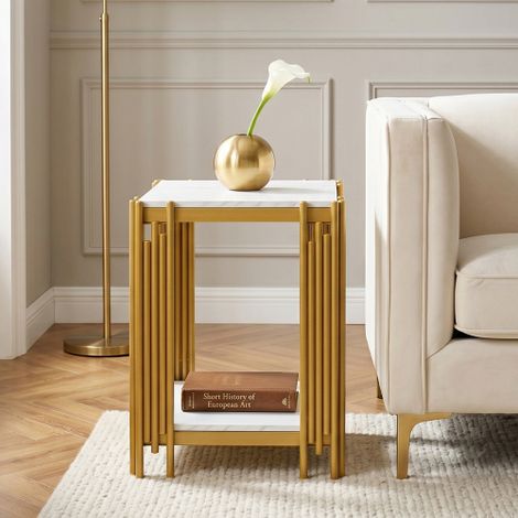 Table de chevet moderne à deux niveaux avec structure en métal doré (finition brillante) et plateau effet marbre en MDF convient comme table d'appoint pour la chambre, le salon ou l'entrée coloris (1/5)