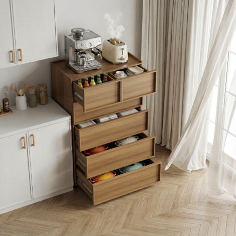 Kommode mit 6 Schubladen, hohe Holzkommode in Eichenoptik, Aufbewahrungsschrank für Schlafzimmer Wohnzimmer Flur, 80 x 48 x 127 cm