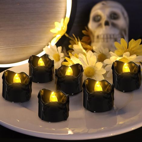 Bougies chauffe-plat LED, lot de 12, noires, bougies LED, flamme vacillante, cire qui coule, électriques, sans flamme, pour Noël, Halloween, fêtes, décoration (1/5)