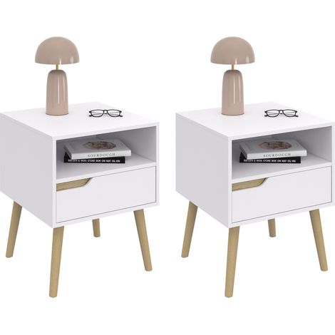Idmarket – Lot de 2 tables de chevet scandinaves 1 tiroir – Niche ouverte – Dimensions 40x40x50 cm – Panneaux de particules blanc et bois