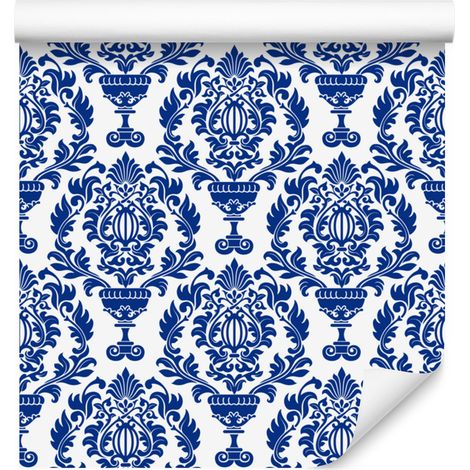 Papel pintado damasco azul y celeste para salón y dormitorio, 50x1000 cm. (1/5)