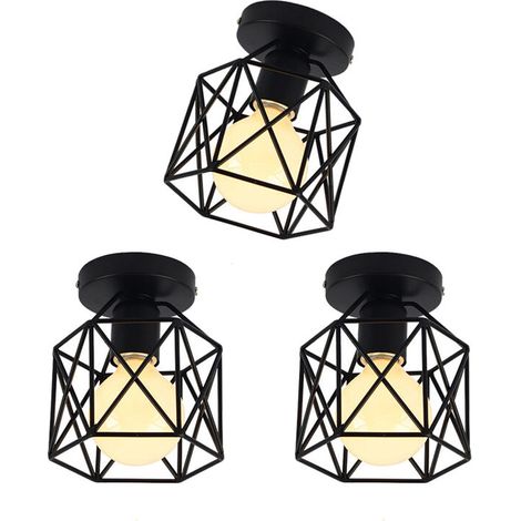 Lot de 3 Retro Plafonnier Industrielle en Métal Carré Fer, Suspension Cage Cube Luminaire E27 pour Salon Chambre Café Bar Restaurent Entrée Couloir,Noir - Noir BLOW (1/5)