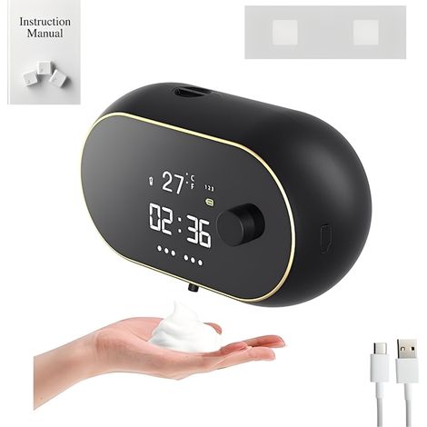 Distributeur automatique de savon mousse/liquide, noir, 450 ml, 3 à 5 niveaux de dosage, capteur intelligent, affichage numérique, batterie 2000 mAh, fixation murale, design moderne, installation rapi (1/5)