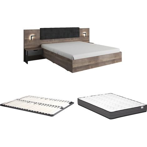 Letto con comodini 160 x 200 cm Con LED Naturale e Antracite + Rete + Materasso - LAONILE