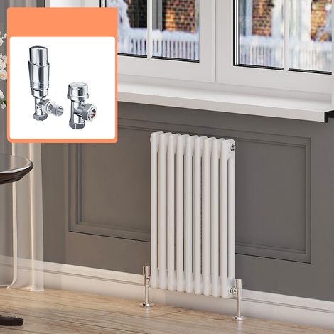 ELEGANT 600 x 420 mm Traditional White Column Radiators Horizontal Double Panel Cast Iron Central Heating Rads + Chrome Thermostatic Radiator Valves (1/5)