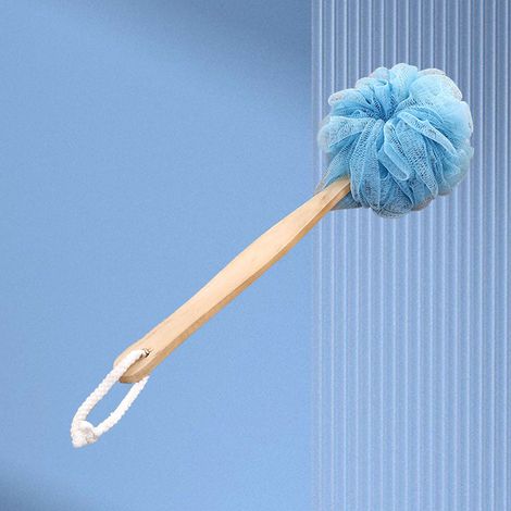Épingle de bain à long manche, éponge de bain, boule de gommage pour salle de bain et douche, bleue (1/5)