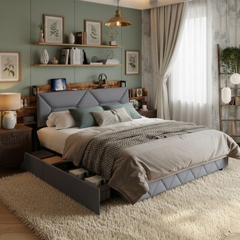 Lit 160x200 cm, lit adulte, lit double rembourré avec tiroirs, 2 compartiments de rangement cachés en tête de lit, fonction de charge USB, lin, sommier à lattes,Gris (1/5)