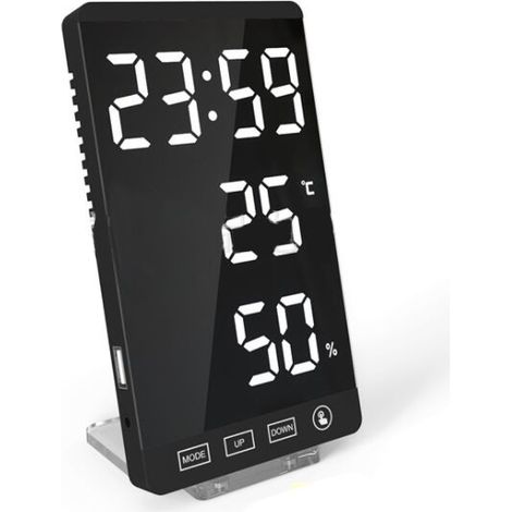 Horloge, thermomètre et hygromètre à miroir LED, style électronique, avec fonction météo. (1/5)