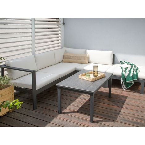 Conjunto de jardín 5 plazas sofá y mesa estructura negra tablero de vidrio y cojines blanco crema Messina (1/5)