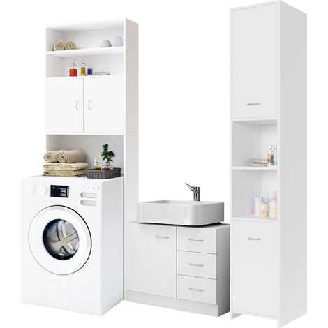 CASARIA® Set de muebles para baño Mueble del lavabo Armario alto para lavadora Armario alto Estantería de baño Blanco (1/9)