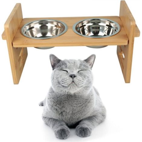 Adjustable Height Dog Bowl Stand, Elevated Wooden Stand with 2 Bowls (1/4)