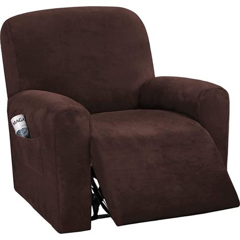 Samt-Stretch-Sesselbezug, 4-teilig, weicher Sesselbezug mit Seitentasche, rutschfest, waschbar, Sofabezug fürs Wohnzimmer， Kaffeebraun