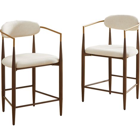 Lot de 2 tabourets de bar avec accoudoirs en tissu crème et structure métal sombre avec accents dorés, style campagne française (1/5)