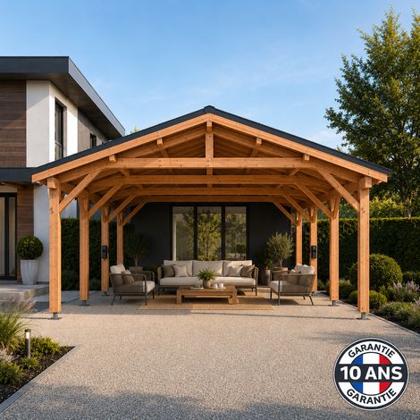 Carport bois 2 pentes en bois douglas 44 m², 8 poteaux avec pieds de poteaux réglables. Abri voiture extérieur. Garantie 10 ans. (1/5)
