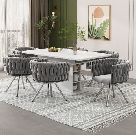 Lot de 6 chaises de salle à manger pivotantes 360° en velours gris, pieds en acier argenté HAVRYA (1/5)
