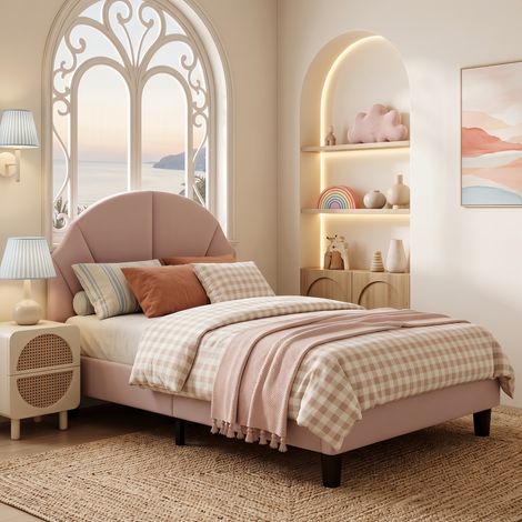 Lit simple rembourré 90x200 cm velours Rose - avec tête de lit arrondie réglable en hauteur - montage rapide facile - scandinave (1/5)