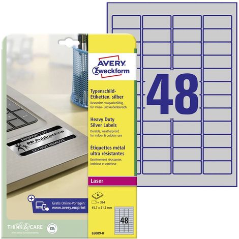 Avery-Zweckform L6009-8 Etichetta per cartellini e targhette 45.7 x 21.2 mm Pellicola in poliestere Argento 384 pz. A t (1/5)