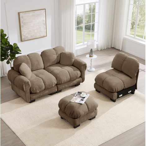 Divano angolare 3 posti marrone in tessuto chenille con pouf mobile e cuscini (1/5)