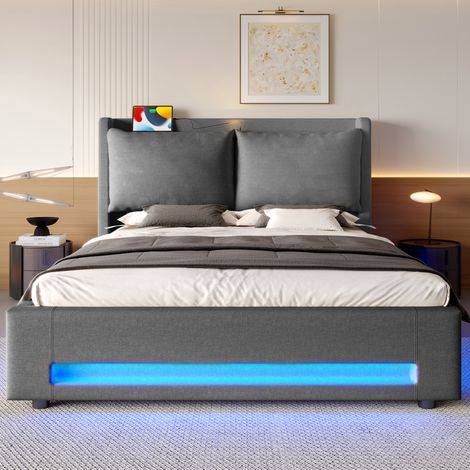 Cama tapizada 160x200 cm en lino gris oscuro con cabecero USB-C, LED y almacenaje hidráulico