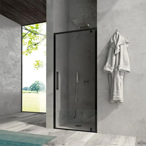 Porta doccia nicchia 90 cm nero opaco a battente con vetro trasparente (1/2)