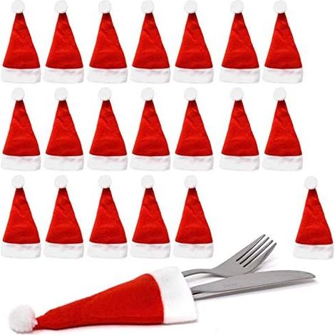 Porte-Couverts Noel - Bonnet Pere Noel Miniature - Rouge Blanc - 18 x 7 cm - Lot de 20