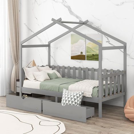 90 x 200 mm single daybed in house shape with two drawers, children's bed, house bed for boys & girls (Gris) (1/5)
