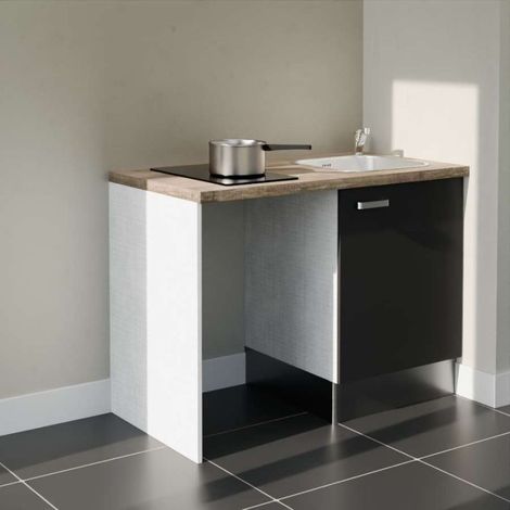 Kitchenette K08L-PT - 120 cm avec plan de travail et évier - emplacement frigo - Façade Noir - Plan Bois - Evier Inox - Crédences Non