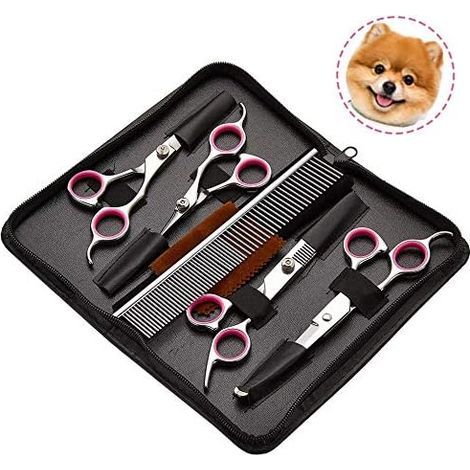 Tierschere – 4er-Set titanbeschichtete Edelstahl-Pflegescheren – Für Hunde und Katzen – Gerade, gebogene und Ausdünnschere sowie Kamm – 1 Stück (1/5)